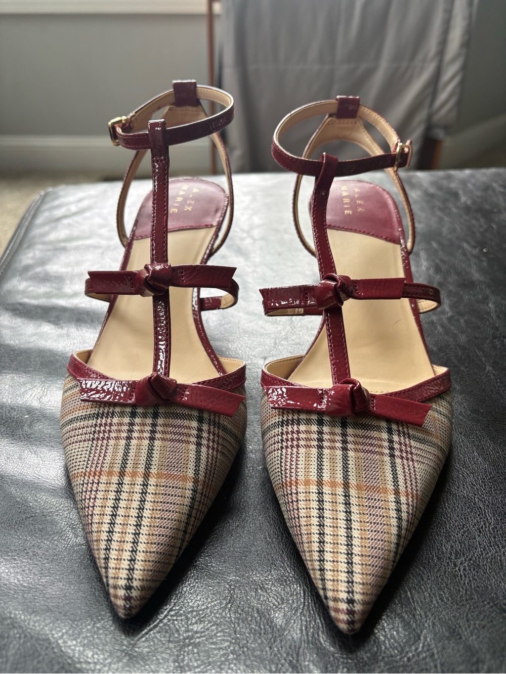 Alex Marie Plaid Pointed T‑Strap Heels with Burgundy Patent Trim